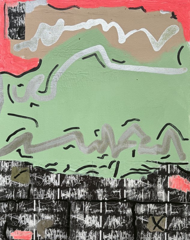 02252026, mixed media, gouache, oil stick, and Krink silver ink on canvas, 16 x 20 inches